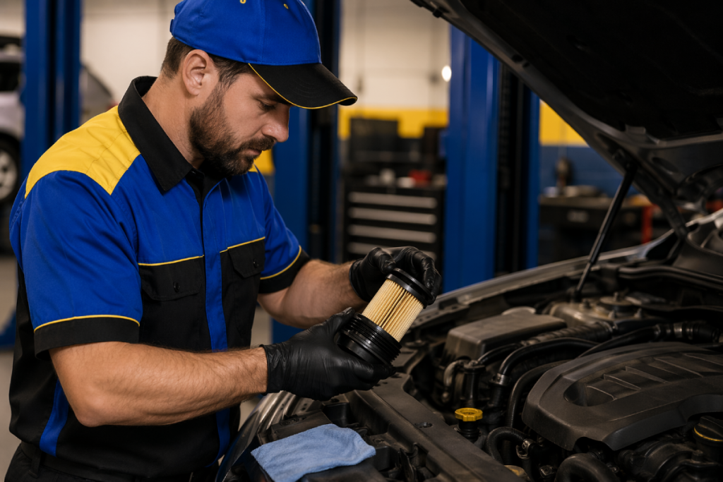 mechanic changing engine oil filter